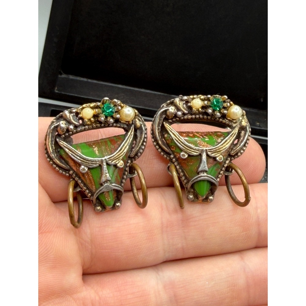 Vintage SELRO Bull Head Clip-On Tribal Green Glass Rhinestone Faux Pearl #1075